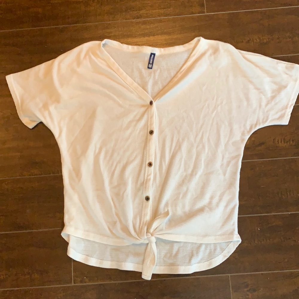 Iwollence Waffle Knit Tunic Blouse Tie Knot
